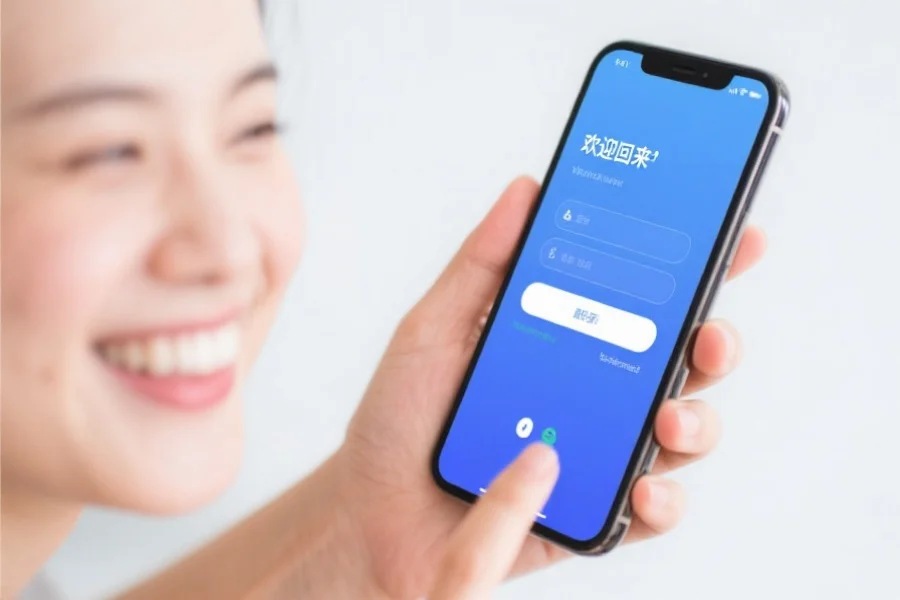 一张展示用户在移动设备上成功完成账号登录的界面，屏幕显示“欢迎回来”，用户表情满意